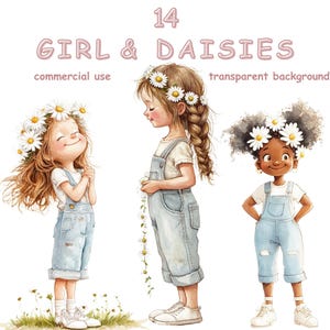 Fille et marguerites Clipart enfants mignons, Images de demoiselle d'honneur, fond Transparent à usage commercial fabrication de cartes Junk Journal Sublimation