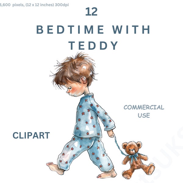 Bedtime with Teddy Clipart, 12 Watercolour Images Children Cartoon Boys, Girls and Teddybear, Transparent Background, Commercial Use.