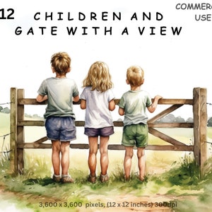 Clipart pour enfants, 12 images PNG aquarelles de garçons et de filles et une porte avec une vue, usage commercial, fabrication de cartes, livraison directe, artisanat