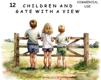 Children Clipart, 12 Watercolour PNG Images of Boys and Girls and a Gate with a View, Commercial Use, Card Making, Drop Shipping, Crafting