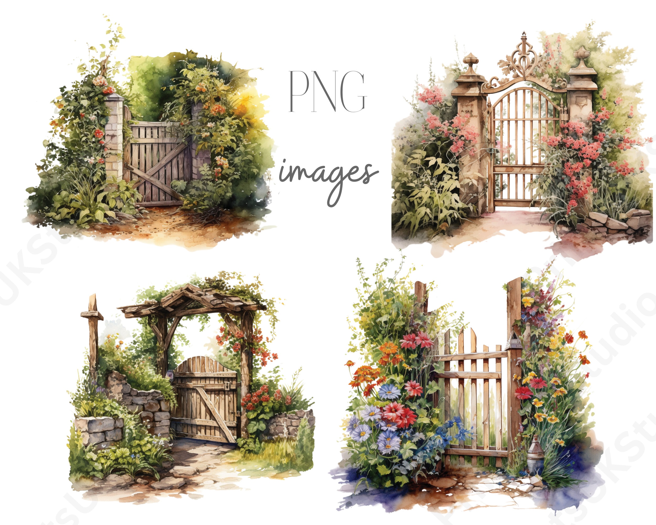 Garden Gate and Flowers Clipart, 14 High Quality Transparent Background ...