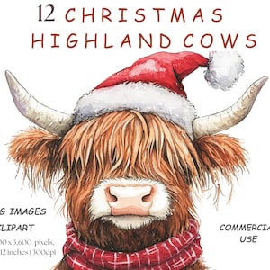Imágenes prediseñadas de vaca de las Highlands de Navidad, 12 imágenes PNG de acuarela de vacas de las Highlands de dibujos animados, creación de tarjetas por sublimación con fondo transparente