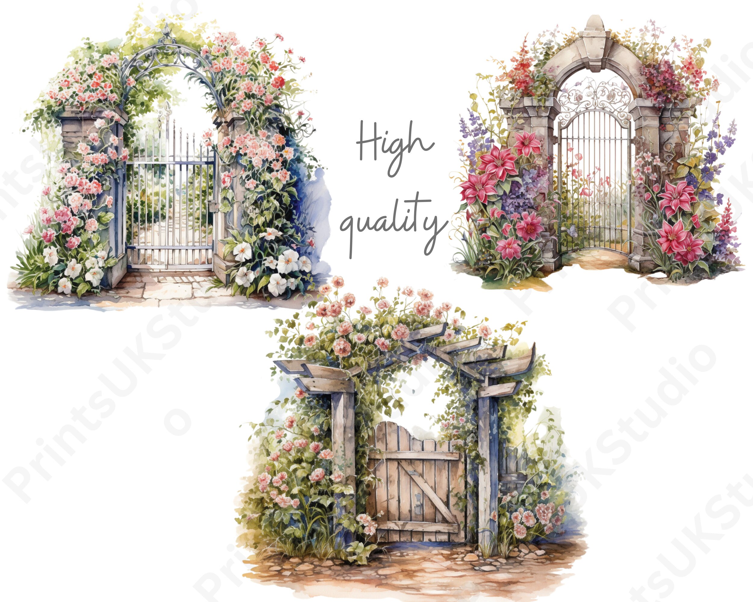 Garden Gate and Flowers Clipart, 14 High Quality Transparent Background ...