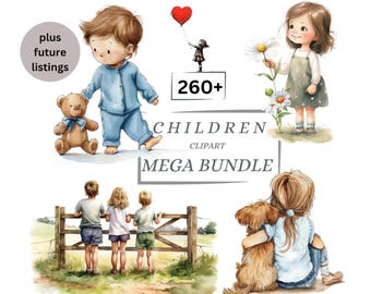 Children Clipart Mega Bundle, Watercolor Kids Illustrations (Commercial Use)