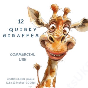 Quirky Giraffe Clipart, 12 PNG Watercolour Images of Whimsical Giraffes, Funny Animal Graphics, Transparent Background, Commercial Use.