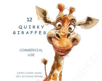 Eigenzinnige giraffe clipart, 12 cartoon giraffe afbeeldingen grillige giraffen, grappige dieren sublimatie, transparante achtergrond, commercieel gebruik.
