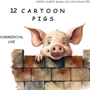 Cerdos de dibujos animados, 12 imágenes PNG de acuarela de alta calidad de cerditos de dibujos animados. Descarga digital, fondo transparente, uso comercial.