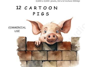 Clipart Świnki, 12 wysokiej jakości akwarelowych obrazków PNG z rysunkowymi prosiaczkami. Pobieranie cyfrowe, przezroczyste tło, do użytku komercyjnego.