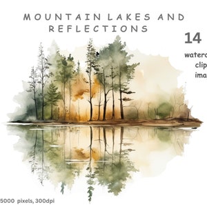 Può includere: Dipinto ad acquerello di un lago con alberi riflessi nell'acqua. Gli alberi sono verdi e marroni, e l'acqua è blu chiaro. Il dipinto è di 5000 x 5000 pixel e 300 dpi.