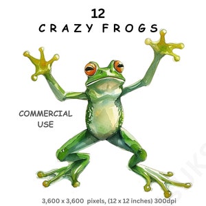 Ranas clipart, 12 imágenes PNG de acuarela de ranas verdes de dibujos animados, fondo transparente, uso comercial, fabricación de tarjetas, diario basura, técnica mixta