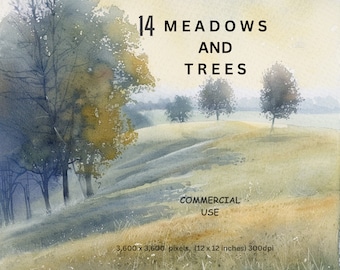 Clipart Wallpaper Landscape 14 PNG Background Pastel Watercolour Images of Meadows and Trees Scrapbooking Card Making Prints Commercial Use.