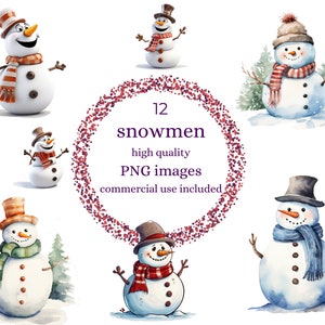 ClipArt di pupazzo di neve dell'acquerello, 12 clipart di Natale PNG di sfondo trasparente di alta qualità, download istantaneo per uso commerciale.
