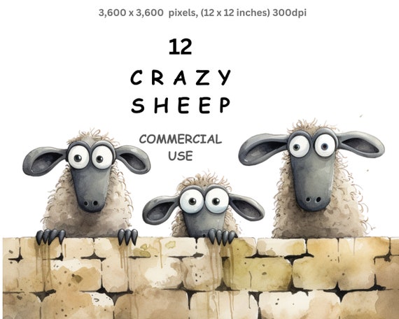 Clipart Sheep, 12 Watercolour Images of Cartoon Sheep and Spring Lambs Digital PNG with a Transparent Background, Commercial Use.