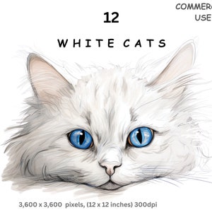 Cat Clipart, 12 High Quality Transparent Background PNG Watercolour Images of White Cartoon Pussycats, Commercial Use.