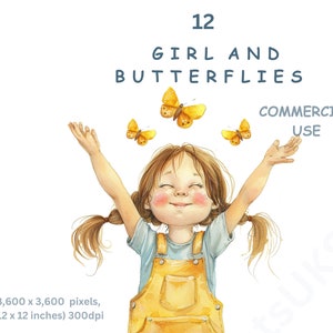 Clipart Mädchen und Schmetterlinge, 12 Aquarell Bilder von Kind und Schmetterling, digitale PNG mit transparentem Hintergrund, kommerzielle Nutzung.