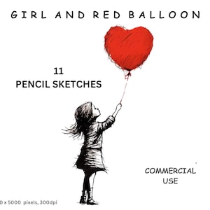 Clipart di una ragazza con un palloncino rosso, 11 schizzi di alta qualità con sfondo trasparente di una ragazza e un palloncino rosso a forma di cuore, per uso commerciale.