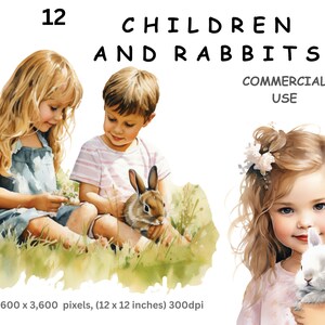 Kinder Clipart, 12 Aquarellbilder von Jungen, Mädchen und Häschen, digitale PNG mit transparentem Hintergrund, kommerzielle Nutzung.