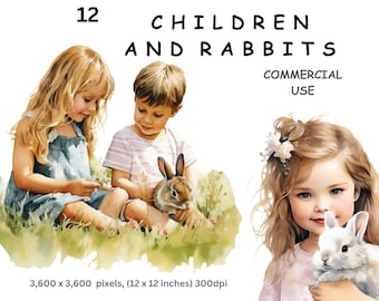 Children Clipart, 12 Watercolour Images of Boys, Girls and Bunny Rabbits, Digital PNG with a Transparent Background, Commercial Use.