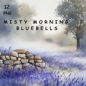 Misty Morning Glockenblumen Clipart, 12 PNG Aquarell Landschaftsbilder, Kartenherstellung, Hintergrundbild, Junk Journal, Print on Demand