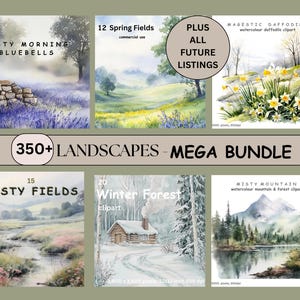 Mega pacote de clipart de paisagens, imagens em aquarela de campos, prados, montanhas e jardins, uso comercial, criação de cartões, impressão sob demanda,
