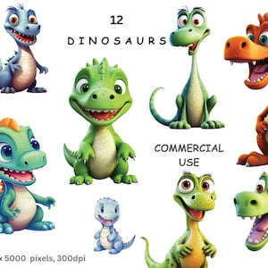 Dinosaur Clipart, 12 High Quality PNG Clipart Digital Download Images of Cartoon Dinosaur Characters, Free Commercial Licence.