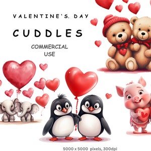 Clipart del Día de San Valentín, 10 imágenes de fondo transparente de alta calidad de animales y corazones abrazados del Día de San Valentín, uso comercial.
