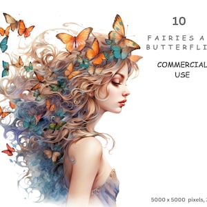 Feen mit Schmetterlingen im Haar, 10 hochwertige Aquarell-Clipart-Bilder im PNG-Format mit transparentem Hintergrund für den kommerziellen Gebrauch.