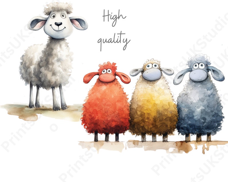 Clipart Sheep, 12 Watercolour Images of Cartoon Sheep and Spring Lambs Digital PNG with a Transparent Background, Commercial Use.