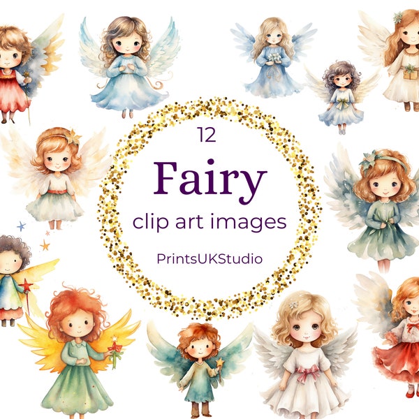 Fairy Clip Art, 12 High Quality Transparent Background PNG, Digital Download, Commercial Use Watercolour Angelic Fairies, Art Craft Supplies