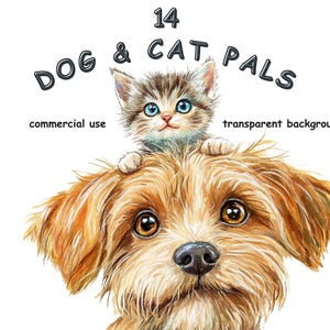 Clipart Dog and Cat Pals, 14 PNG Watercolour Images of Cartoon Puppies Kittens, Dogs and Cats,  Transparent Background, Commercial Use.