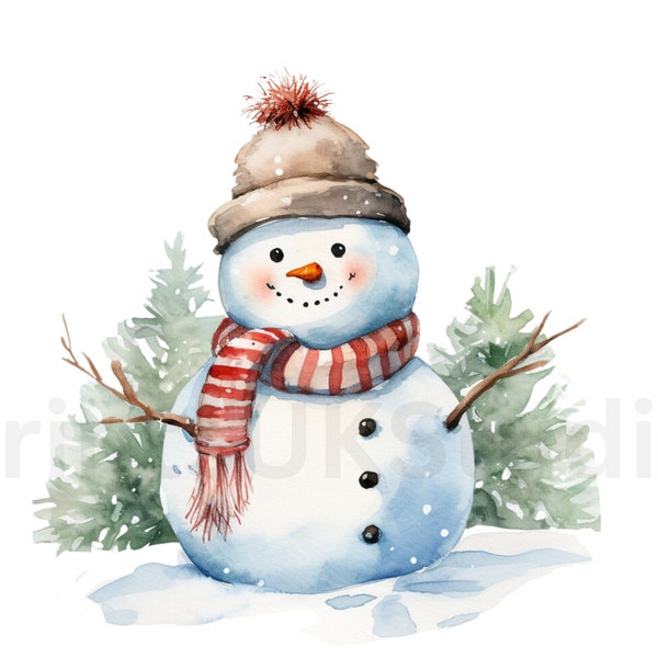 Watercolour Snowman Clip Art, 12 High Quality Transparent Background PNG Christmas Clipart, Instant Download for Commercial Use.