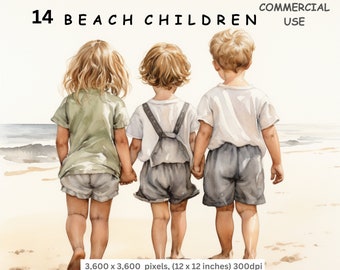 Beach Children Clipart, 14 High Quality PNG Watercolour Images of Children Playing on the Beach, Digital Download Clip Art, Commercial Use.