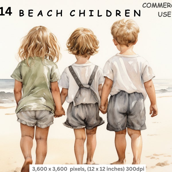 Clipart per bambini sulla spiaggia, 14 immagini ad acquerello PNG di alta qualità di bambini che giocano sulla spiaggia, clipart per il download digitale, uso commerciale.