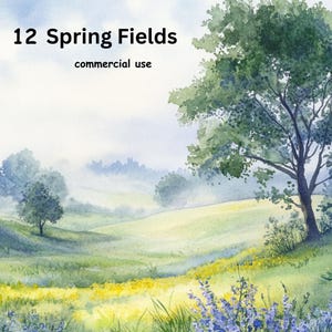 Clipart Frühlingsfelder. 12 Aquarellbilder von nebligen Morgenlandschaften im Frühling für Drucke, Wandkunst, Scrapbooking, Kartenherstellung, Handwerk