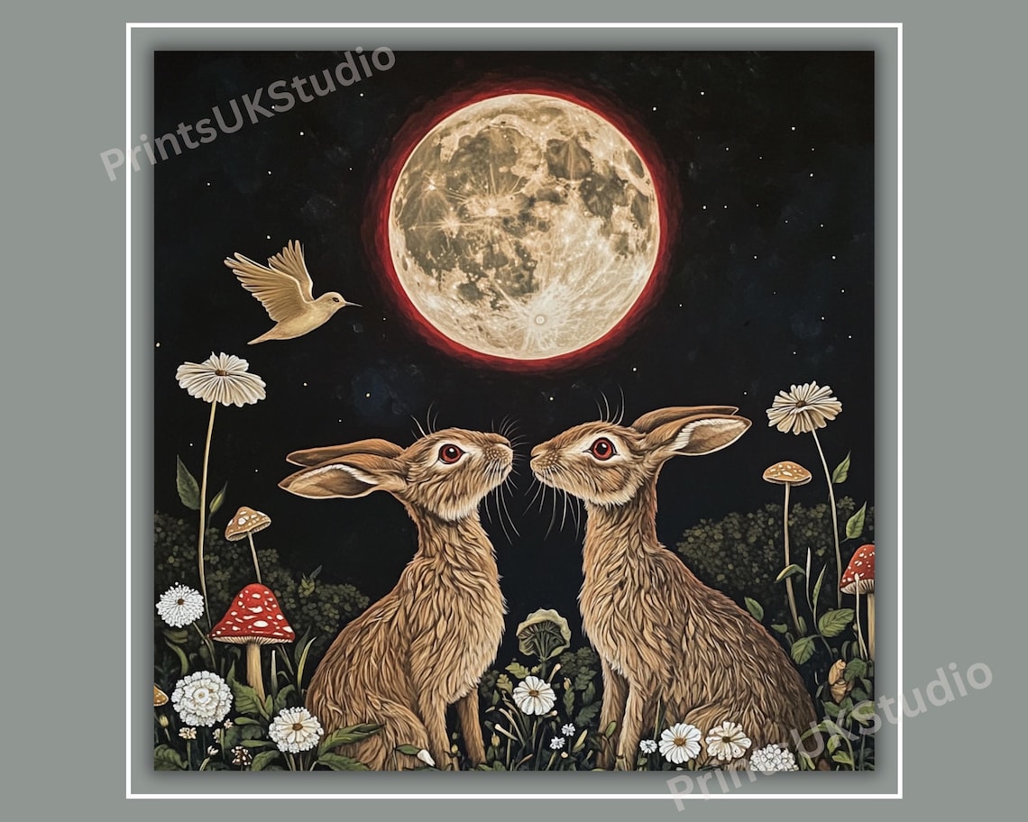 Moon Gazing Hare Clipart, 12 Pagan Folk Art PNG Images, Celestial Boho ...