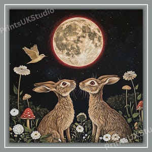 Moon Gazing Hare Clipart, 12 Pagan Folk Art PNG Images, Celestial Boho ...