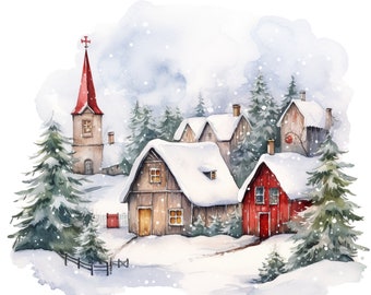 Snowy Christmas Cottage Clipart, Winter Village PNG (Digital Download)