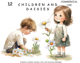 Children Clipart, 12 Watercolour Images of Boys and Girls holding a White Daisy, Digital PNG with a Transparent Background, Commercial Use.