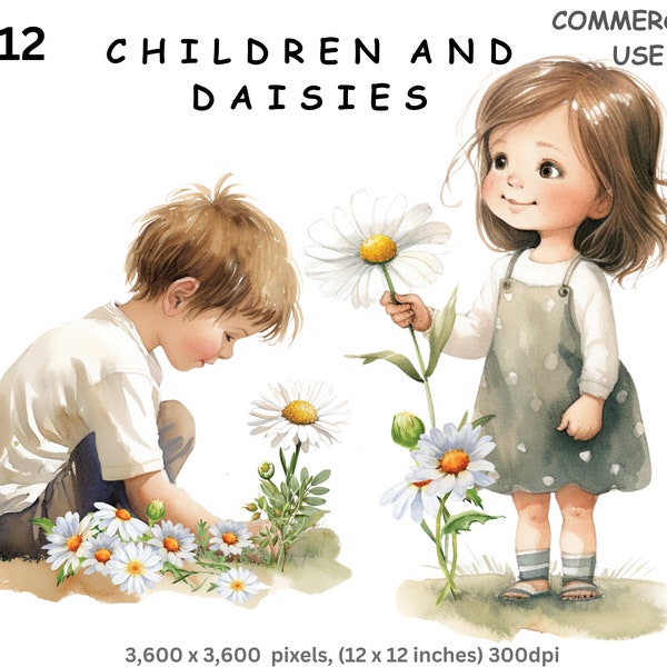 Clipart enfants, 12 images aquarelles de garçons et de filles tenant une marguerite blanche, numérique PNG avec un arrière-plan transparent, usage commercial.