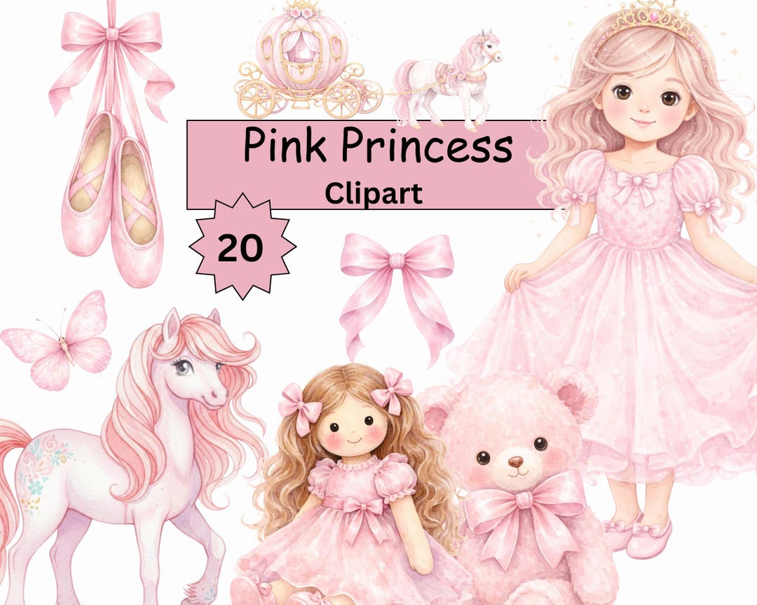 Pink Princess Watercolor Clipart Bundle – Unicorns, Ballerinas (PNG ...