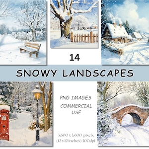 Clipart paysage enneigé, 14 images PNG de haute qualité aquarelle, téléchargement immédiat papier peint clipart, scènes de Noël, licence commerciale.