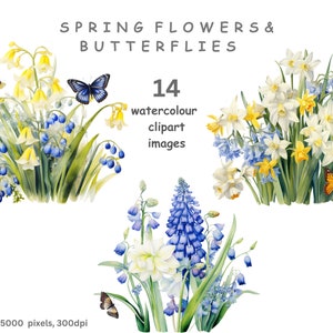 Clipart fleurs de printemps et papillons, 14 images PNG de haute qualité sur fond transparent, téléchargements numériques, usage commercial.