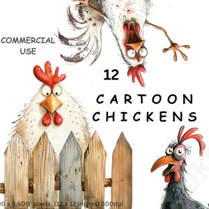 Clipart poulet, 12 images PNG à l'aquarelle de dessins animés de poulets, de poules, de volaille, d'animaux de la basse-cour, à usage commercial, à usage commercial.