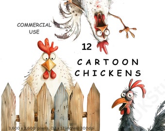 Clipart Chicken, 12 PNG Watercolour Images of Cartoon Chickens, Hens, Poultry, Farmyard Animals, Transparent Background, Commercial Use.