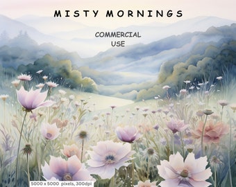 Misty Mornings Clipart, 12 High Quality PNG Digital Download, Watercolour Landscapes of Countryside Scenes, Free Commercial Licence.