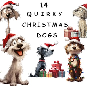 Quirky Christmas Dogs Clipart Images 14 PNG Watercolour Cartoon Hounds, Scruffy Doggies, Crazy Pups, Wearing Christmas Hats, PNG Transparent