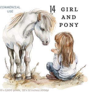 Clipart Ragazza e Pony 12 PNG Acquerello Cartone animato Sfondo trasparente Uso commerciale Creazione di carte Scrapbooking Riviste spazzatura T.shirt