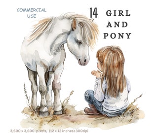 Clipart Girl and Pony 12 PNG Watercolour Cartoon Transparent Background Commercial Use Card Making Scrapbooking Junk Journals T.shirts