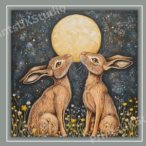 Moon Gazing Hare Clipart, 12 Pagan Folk Art PNG Images, Celestial Boho ...