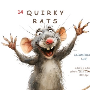 Quirky Rat Clipart, 14 Cartoon Rat Clipart Images, Rodent Critters, Transparent Background, Commercial Use, Card Making Sublimation